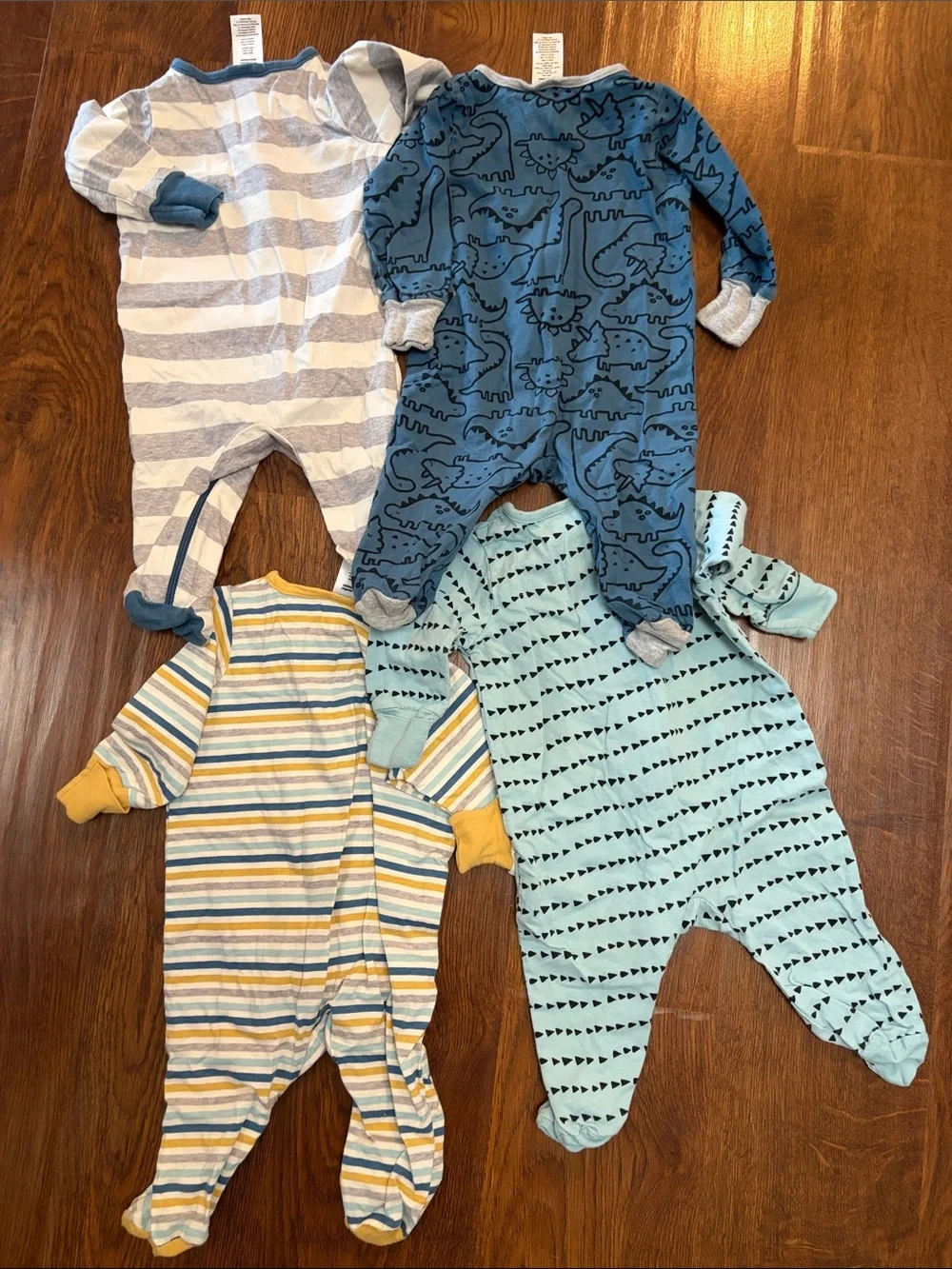 Gerber Baby Dino & Stripe Footed One-Pieces in Blue, Light Blue, Yellow, Gray